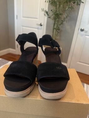 UGG Black Suede Wedge Sandals